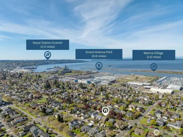Southwest: From this vantage, the waterfront shines with nearby Naval Station Everett, Grand Avenue Park, and Marina Village all within easy reach.
