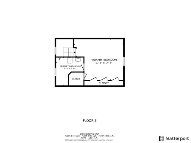 Upper Level: Primary Suite, complete with a generous bedroom, dual closets, and an en-suite bathroom.