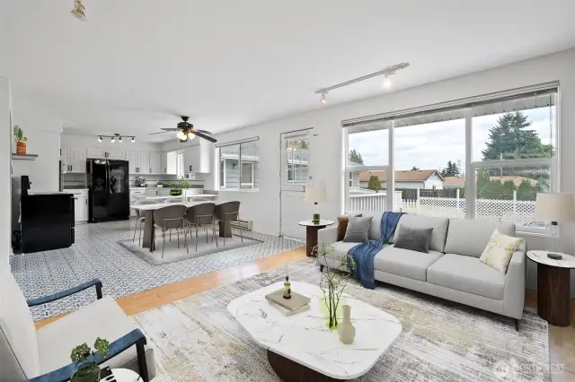 Open kitchen and dining space with additional family room.