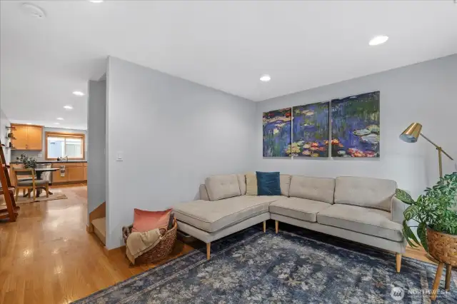 Living area tucked away from kitchen and dining