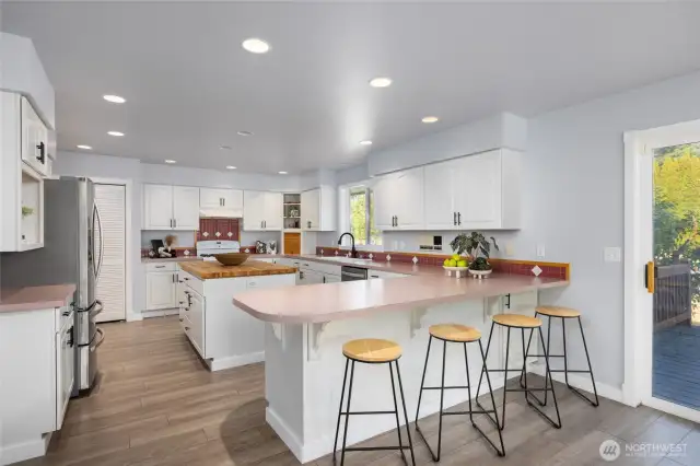 Large kitchen with bar seating