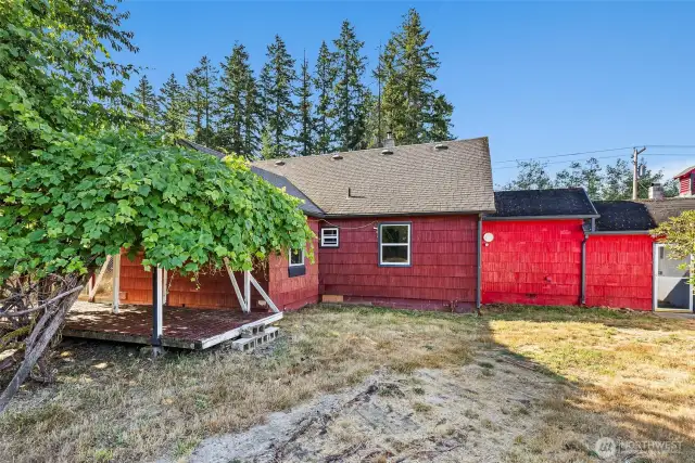 Back of house with large grape arbor.
