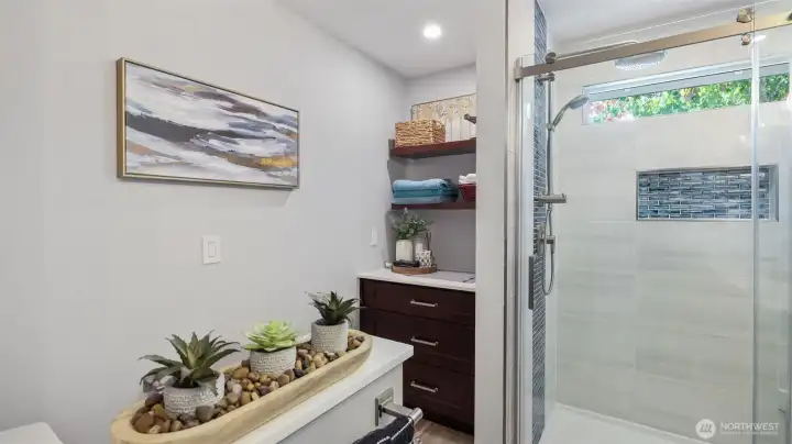 Smart storage options make this ensuite as practical as it is beautiful.