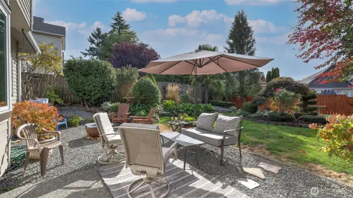 Beautifully landscaped backyard perfect for relaxing or entertaining.