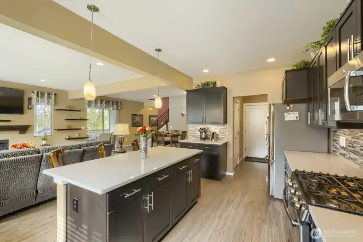 Convenient view into the kitchen from the garage entry, located beside a spacious walk-in pantry for easy access and added functionality.