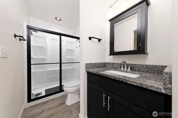 Primary bathroom with striking black cabinets and granite counter. Beautiful shower.