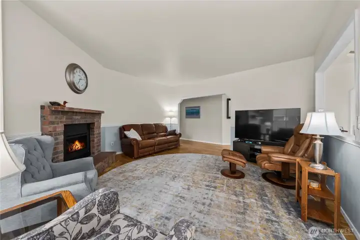 The family room has protected white oak hardwood floors.