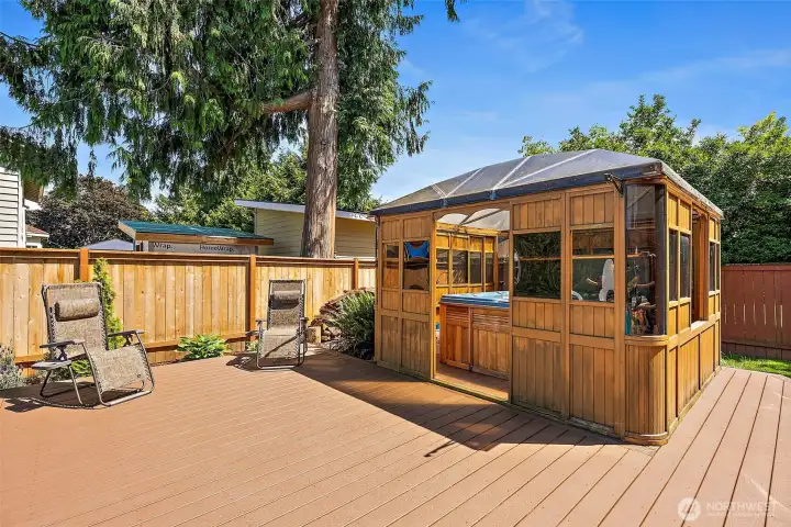 Private Trex deck with covered gazebo & hot tub- doors and windows close for utmost privacy!
