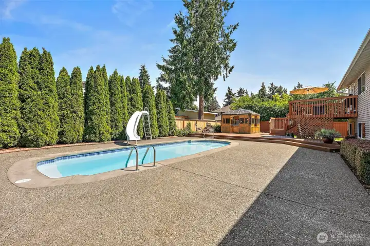 Stunning in-ground pool with aggregate surround decking- this oasis is about as private as you can get. The tall evergreens trees, Hosta and Spanish Lavender just add to the warmth of this yard.