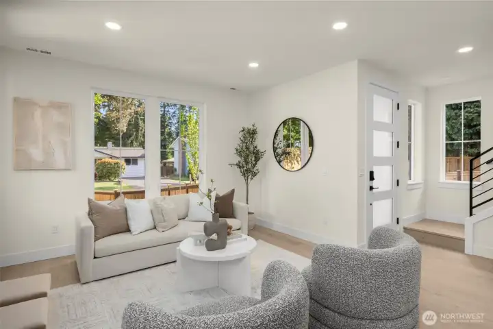 Interior photos shown are from Cottage A. Same floor plan with white accent walls.