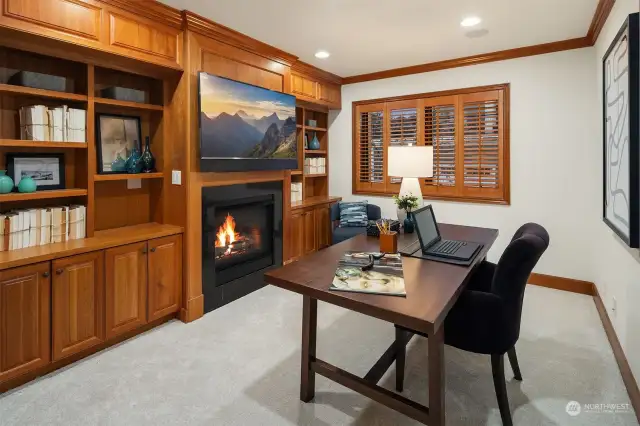 Beautiful warm wood cabinetry, bookshelves and fireplace, makes this 2nd BR the perfect home office.