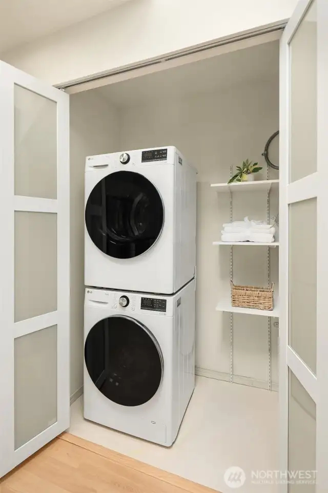 Laundry closet featuring brand new W/D and room for storage