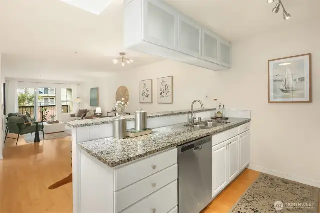 Roomy kitchen opens up to living/dining areas