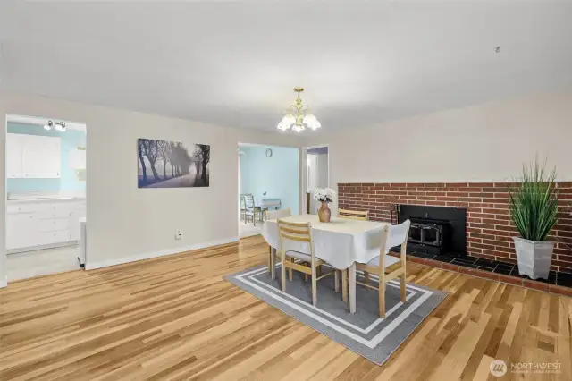 Kitchen and dining area in the background