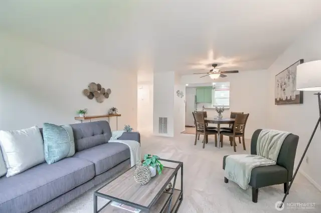Large living dining area open to kitchen