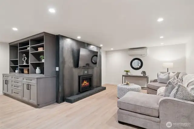 Lower level family room with fireplace and custom built-ins.