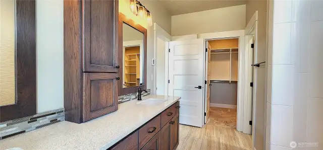 Primary bath with view of walk-in closet