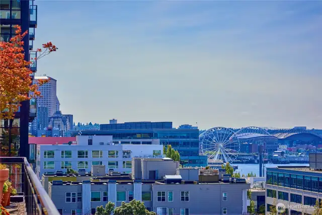 The view South of Belltown, The Great Wheel and the stadiums from the roof top terrace. On a clear day Mount Rainier looms large over the entire Southerly view.