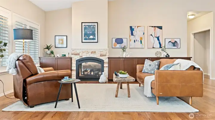 Open living with double sided fire place