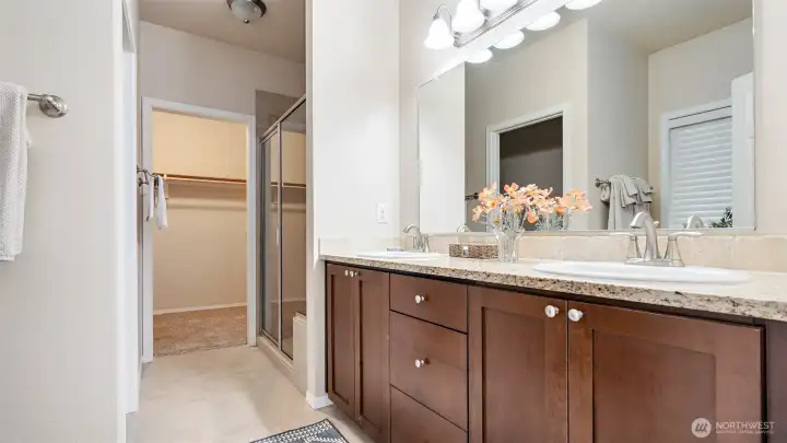 Primary en suite bathroom w walk in shower, walk in closet and tons of counter space.