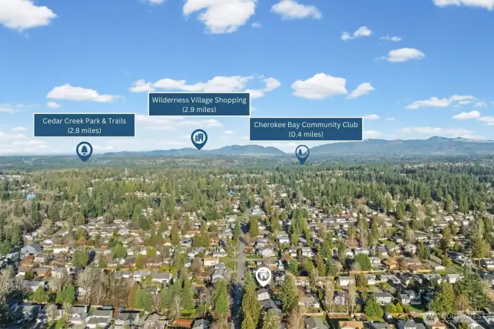Perfectly situated near everyday conveniences, this view shows quick access to Cedar Creek Park & Trails, Wilderness Village Shopping, and the Cherokee Bay Community Club—all within 3 miles or less.