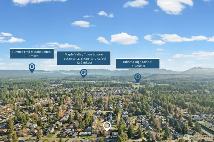 The home is part of the highly regarded Tahoma School District, with Tahoma High School only 1.5 miles away, Summit Trail Middle School 3.1 miles away, and Maple Valley Town Square—with shopping, dining, and cafés—just under 3 miles from your doorstep.