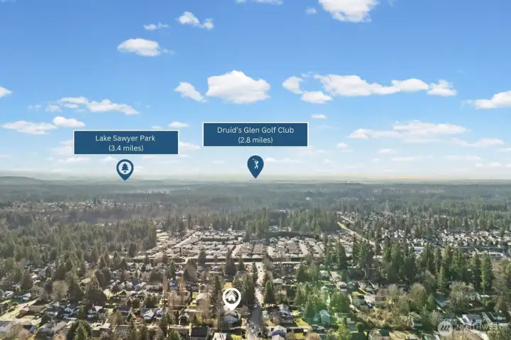 Enjoy nearby recreation with Lake Sawyer Park just 3.4 miles away and Druid’s Glen Golf Club at 2.8 miles, offering a blend of outdoor relaxation and leisure close to home.