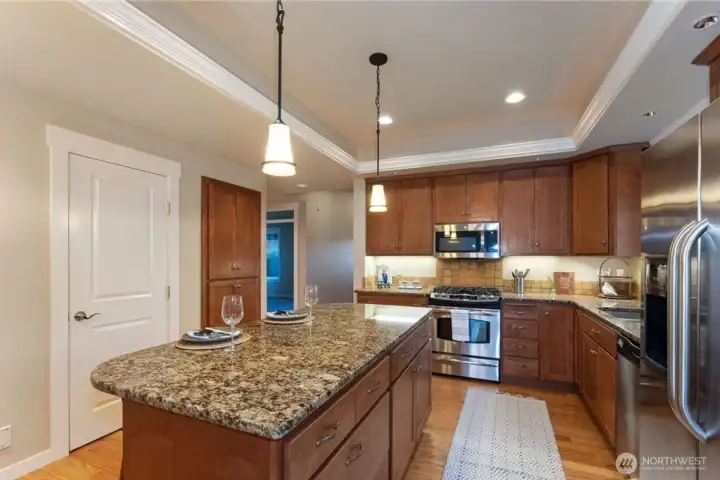 Kitchen storage area featuring additional pantry space and a large under-stair closet for ample storage.