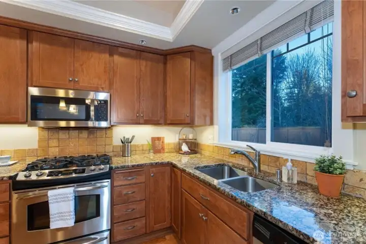 Detail view of the kitchen finishes featuring granite countertops and a classic travertine tile backsplash.