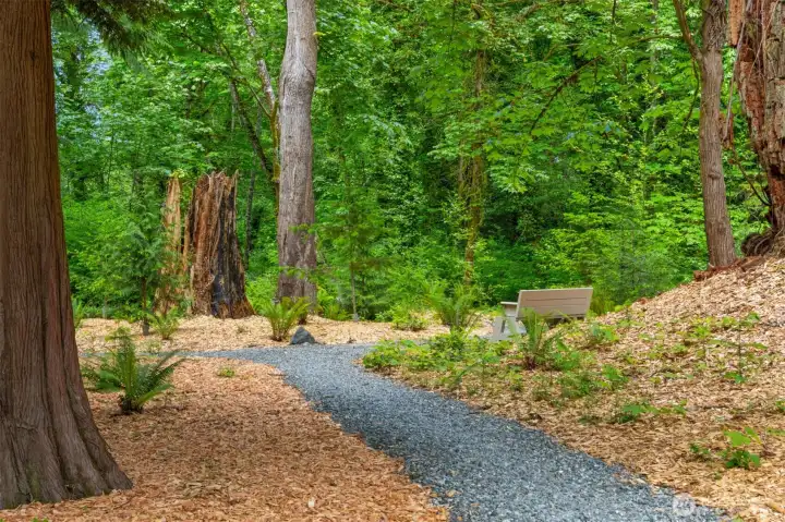 Step outside into a private natural setting, thoughtfully curated with meandering pathways and serene gathering spaces beneath the trees. Step outside into a private natural setting, thoughtfully curated with meandering pathways and serene gathering spaces beneath the trees.