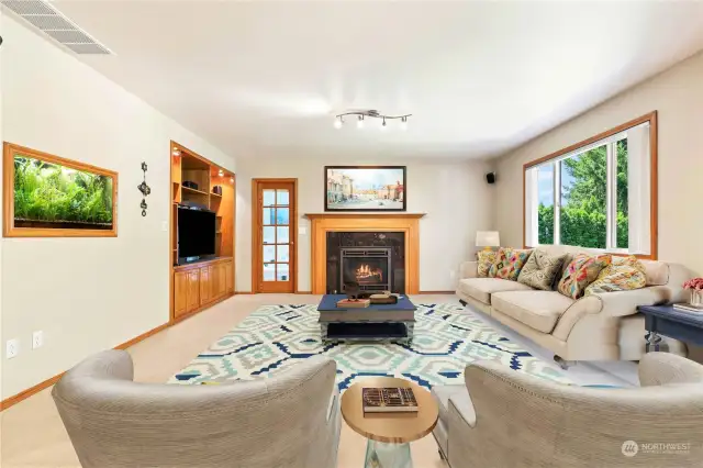 Family room with built ins and high quality gas fireplace. The door leads to the spa room with shower.