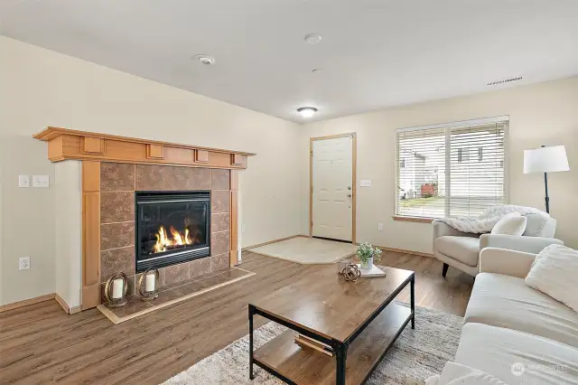 Stunning Cozy Gas Fireplace Centers the Living Room.