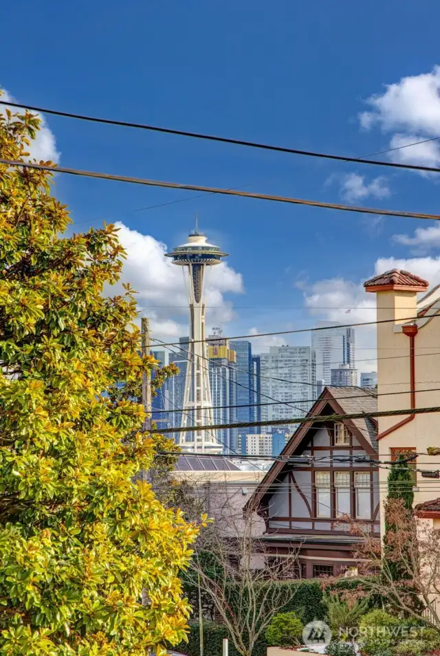 fabulous location in Lower Queen Anne with a dazzling view from your balcony and living room of the Space Needle and downtown.