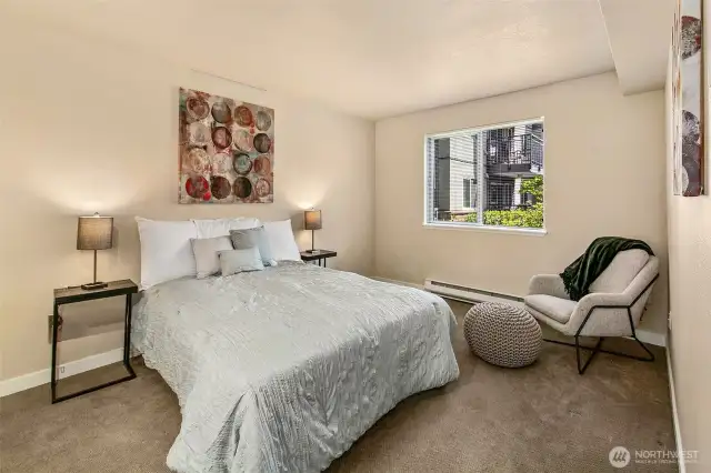 Oversized bedroom gives so many options.  Room for a king-sized bed or create an office nook.