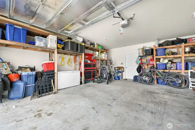 two car garage; shelving stays