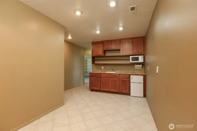 Downstairs kitchenette with sink, fridge and microwave!
