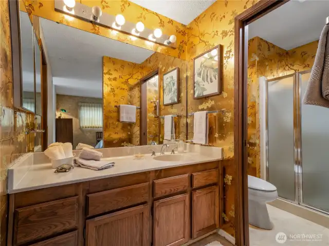 The primary bathroom is roomy.