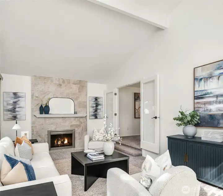 The gas fireplace is the focal point of this room: a cozy and comfortable gathering place.