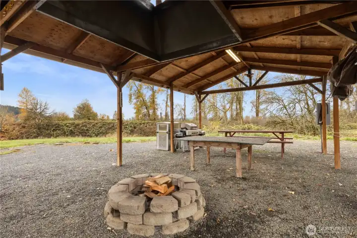 Gazebo offers electricity for future home site and 2nd 200amp box for massive garage/workshop.