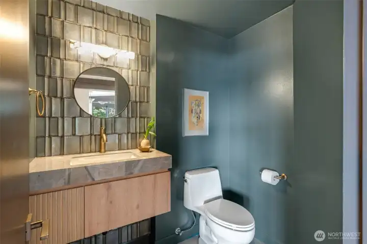 Powder room on main floor with porcelain tile from Bond Tile
