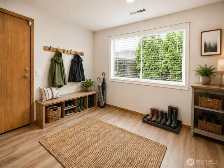A practical landing zone for coats, shoes, and rainy-day gear.