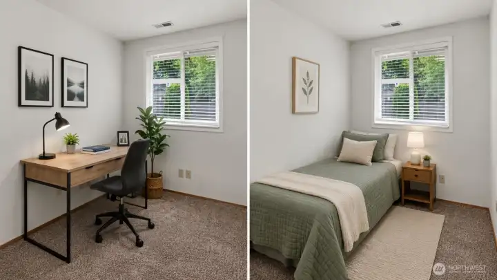 4th Bedroom shown with two smart staging options: a cozy single sleeping space or an efficient den/home office, highlighting flexible use without sacrificing function.