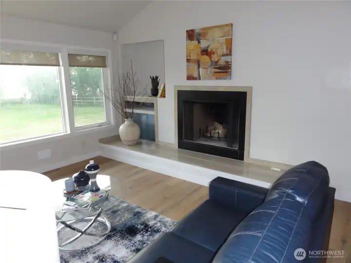 Wood burning fireplace in living room