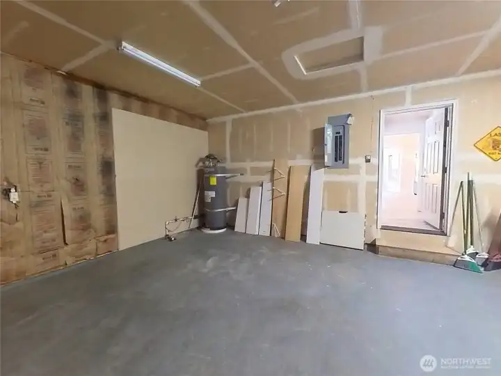 Interior of garage, insulated and insulated garage door.