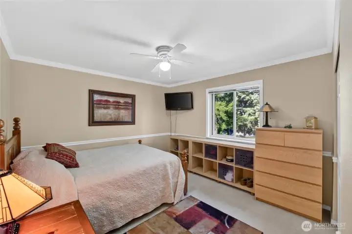 Large bedroom upstairs with built in shelving Large bedroom upstairs with built in shelving