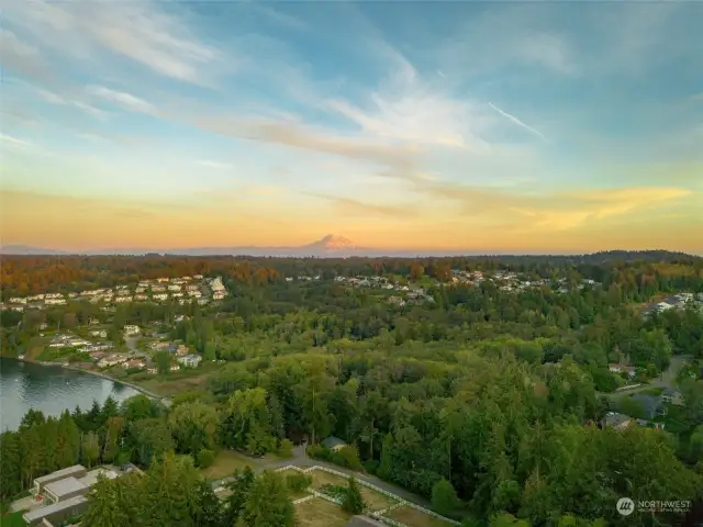 Majestic Mount Rainier graces the horizon, offering a breathtaking backdrop to your serene retreat