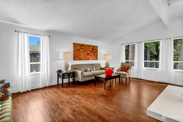 Living Room with high ceiling and beautiful flooring