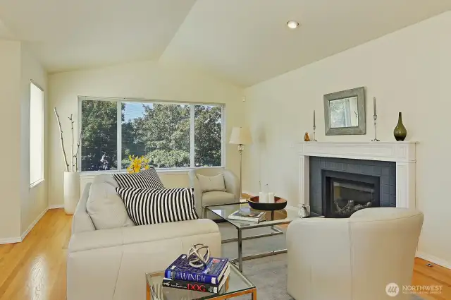Living room with a vaulted ceiling and gas fireplace.