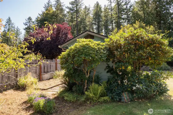 Storage shed and partial view of garden area