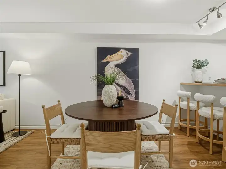 Large dining area and bar seating.